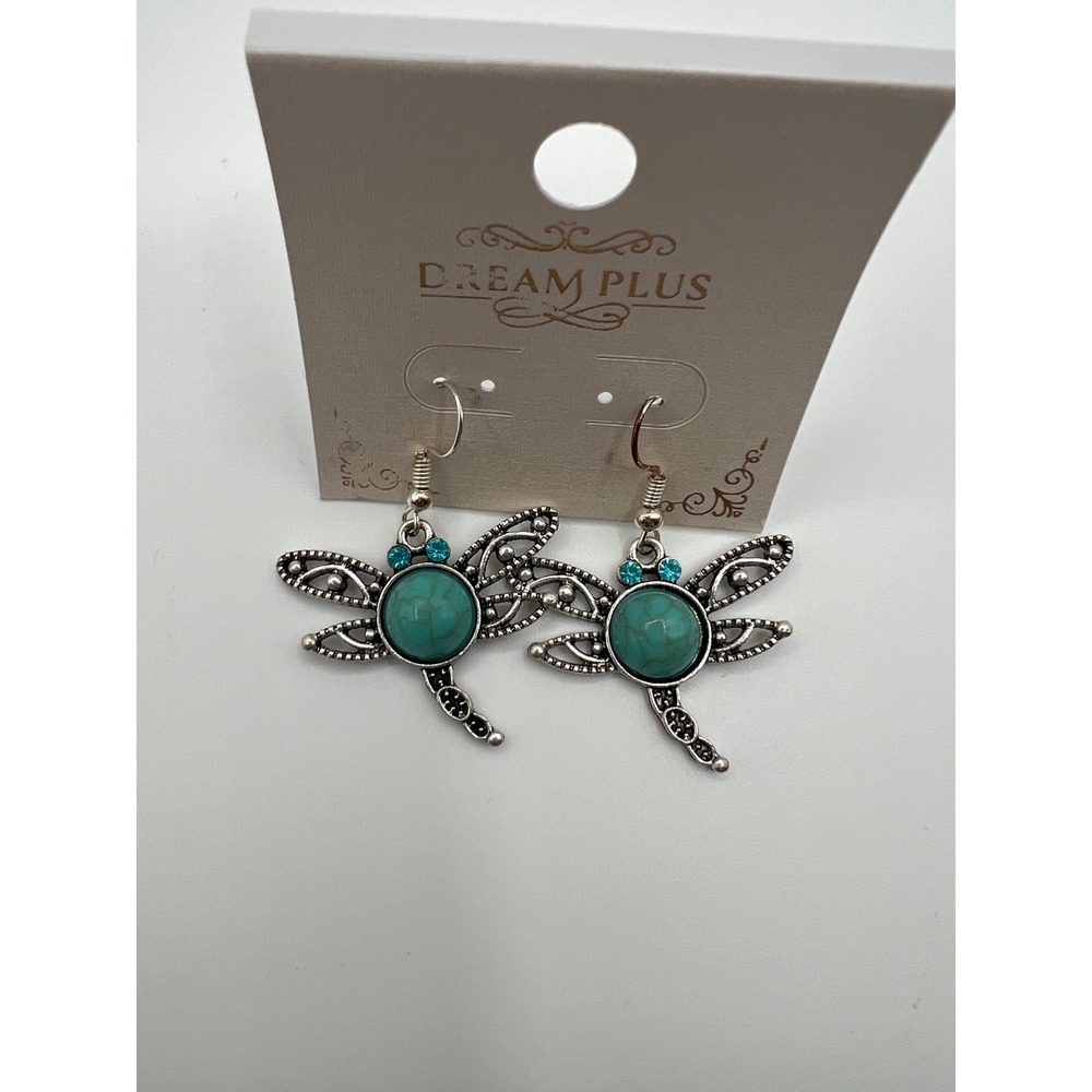 Dream Plus Silver Tone Turquoise Faux Stone Dragonfly Drop Earrings Blue Boho